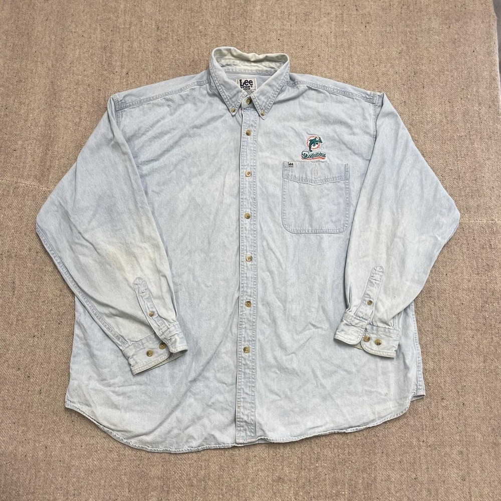 Vintage Denim Button Up Shirt Mens 2XL Blue 1990s Lee Miami Dolphins